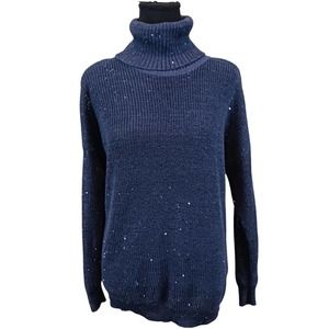 Womens Blue Sweater Medium Turtleneck Cold Shoulder Sequin International Concept